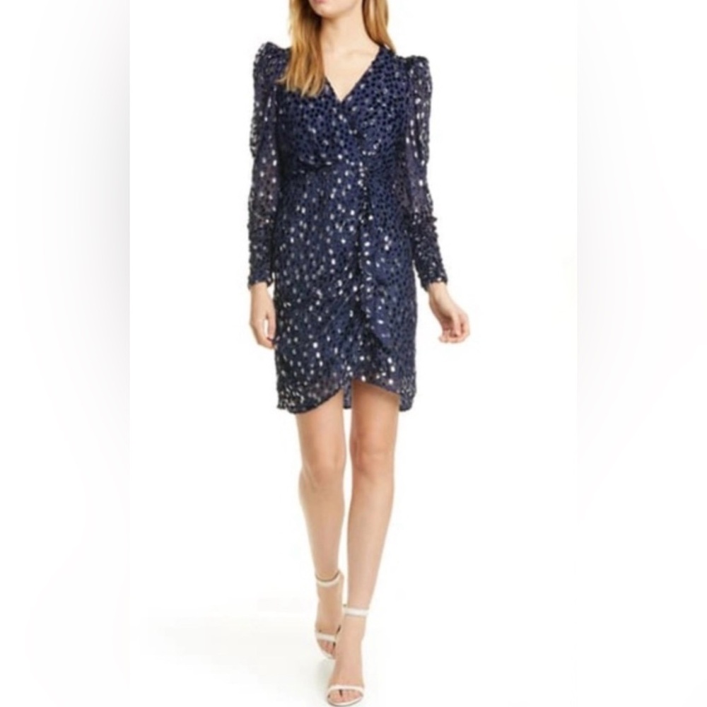 Kate Spade Navy Metallic Dot Long Sleeve Wrap Dress | Size 6